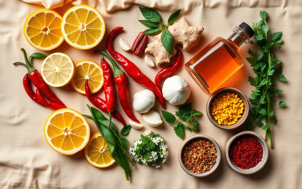 A kitchen counter with fresh herbs, citrus, garlic, and spices arranged for cooking