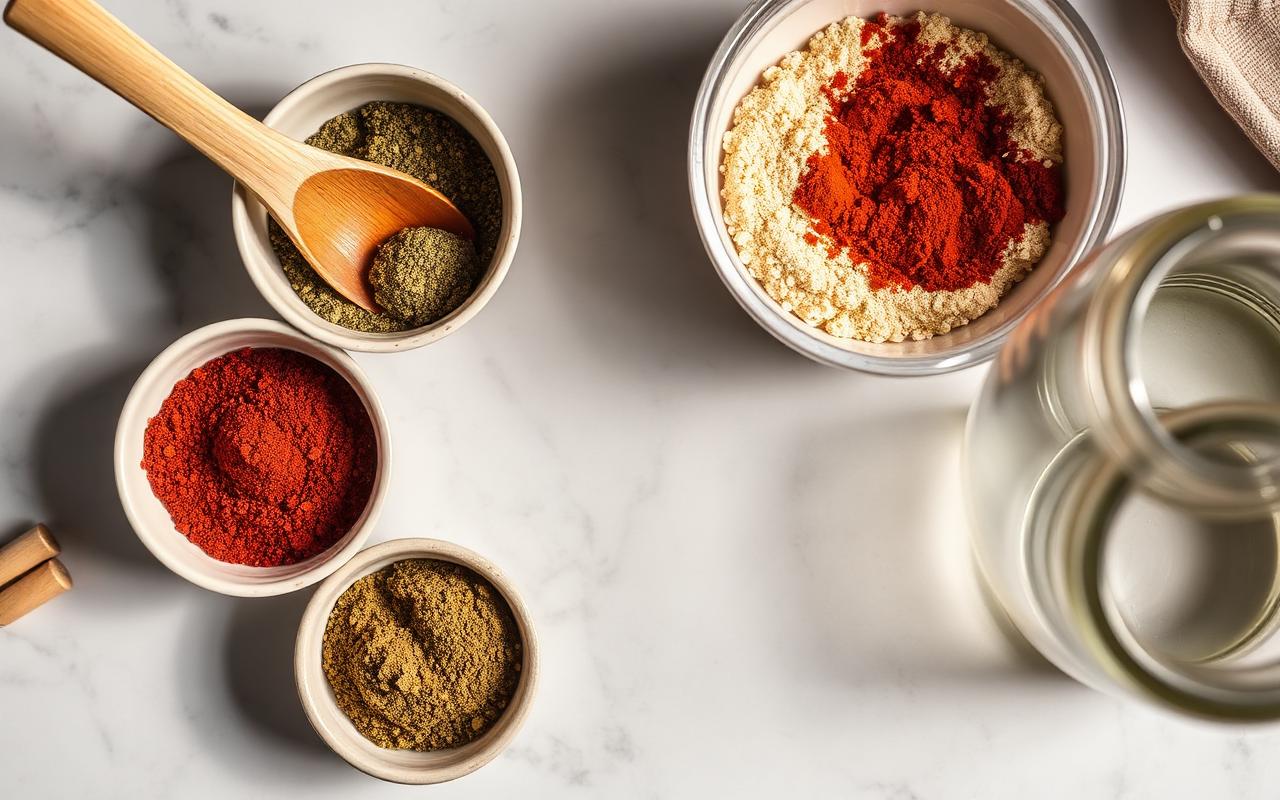 Small glass jars of colorful ground spices and a wooden spoon on a marble surface