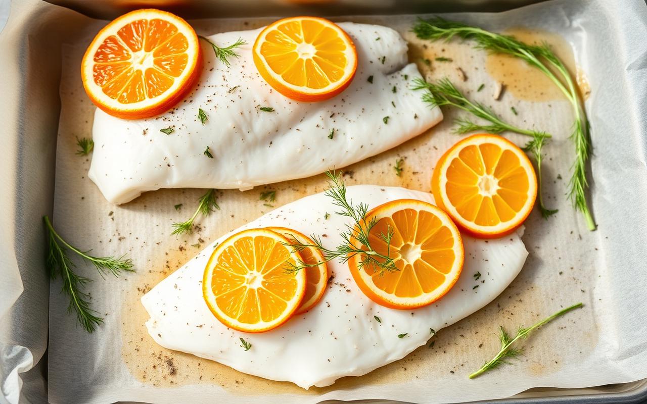 Baked white fish fillets topped with citrus slices and fresh dill on parchment