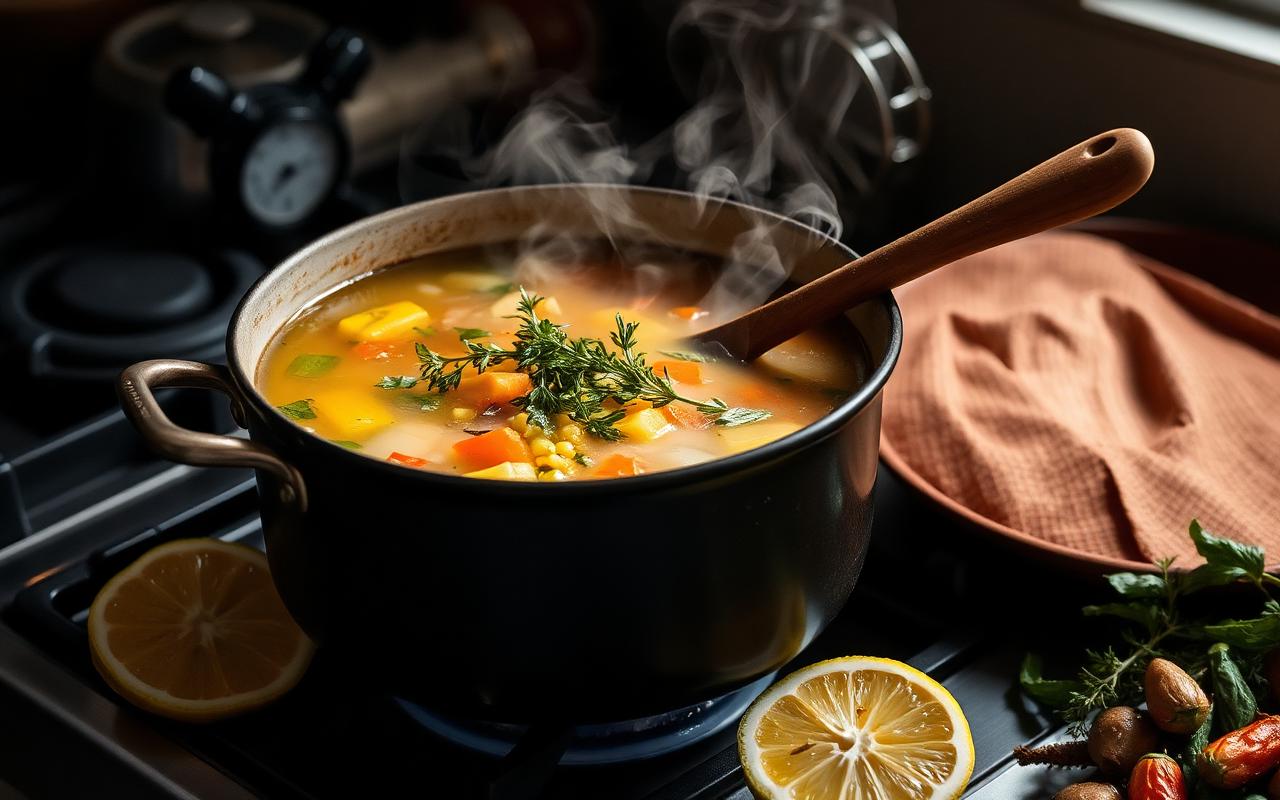 A pot of homemade low-sodium vegetable soup simmering on the stove with fresh herbs nearby