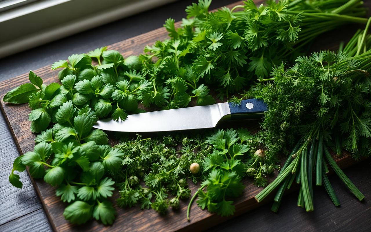 A wooden cutting board covered with bunches of fresh basil, parsley, dill, and rosemary
