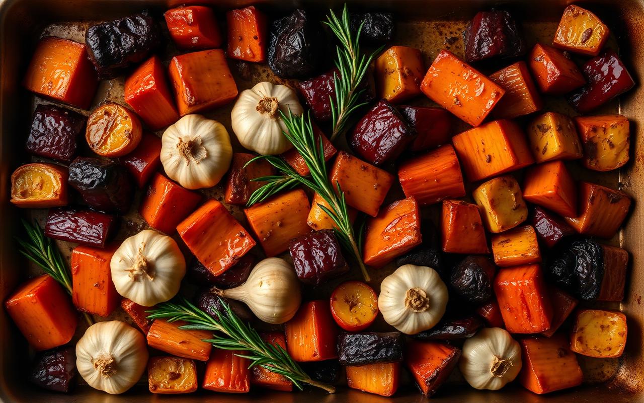 Sheet pan of caramelized roasted vegetables with garlic cloves and rosemary sprigs
