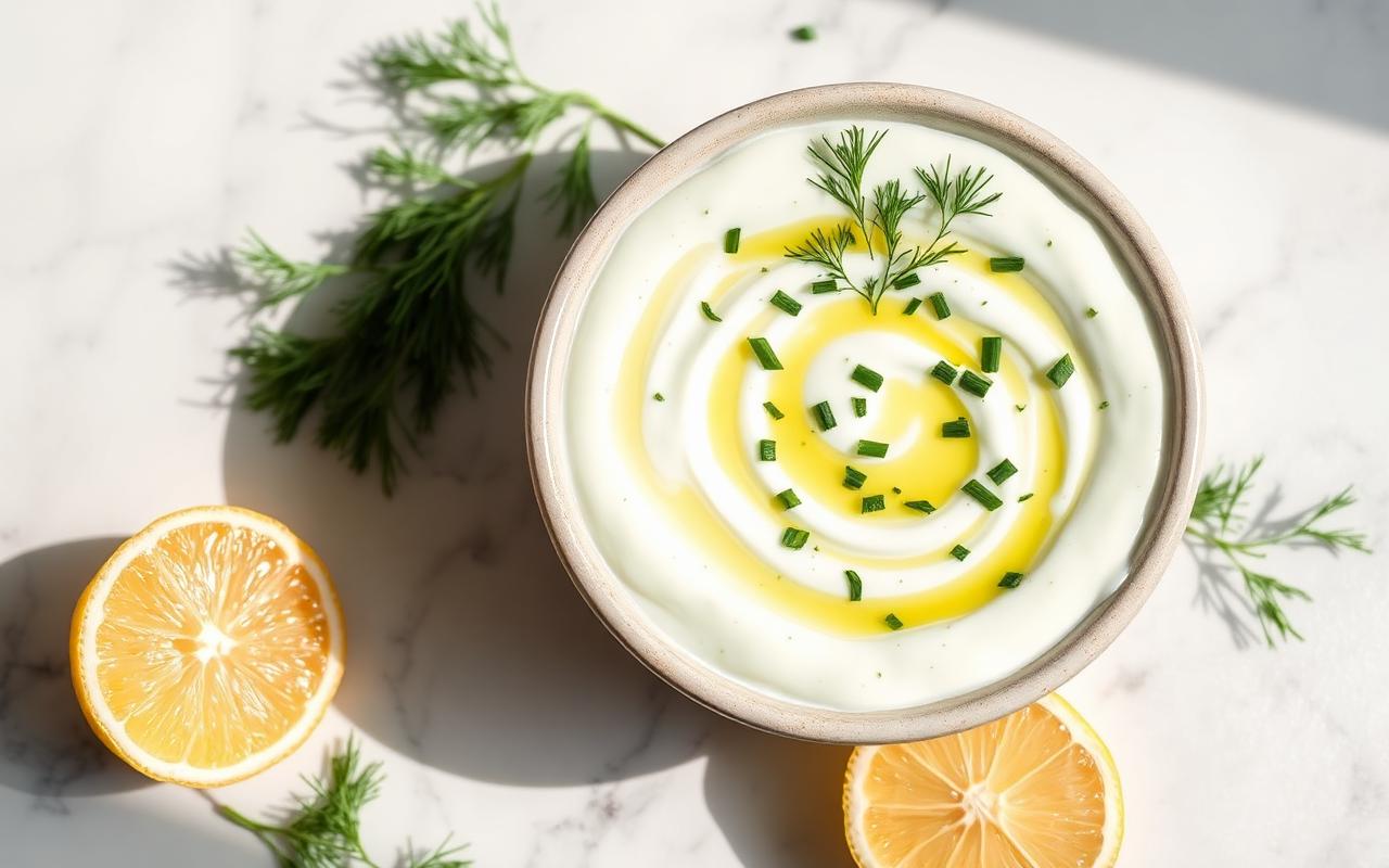 Bowl of pale green yogurt herb sauce topped with olive oil and chopped dill