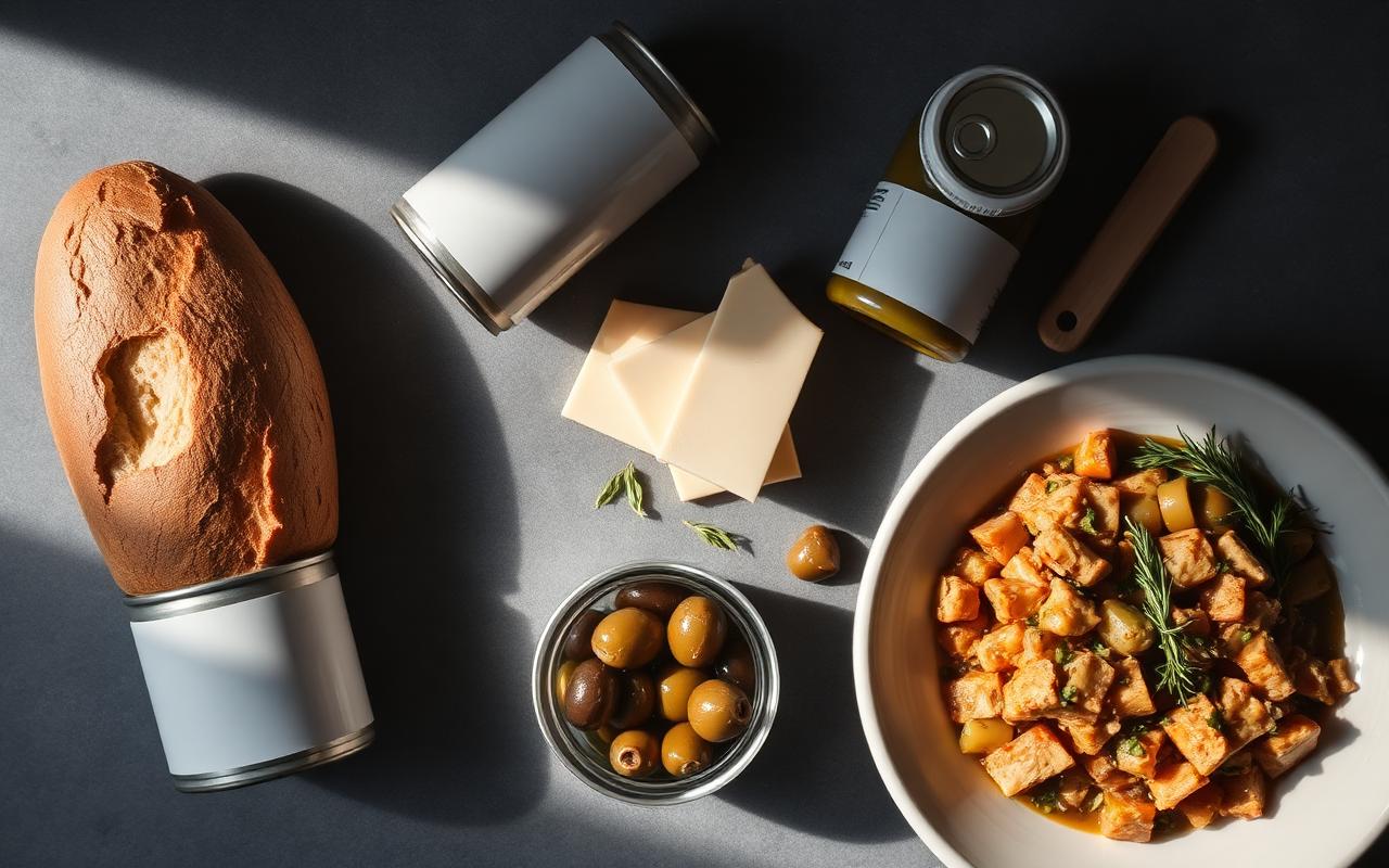 A flat-lay of everyday grocery items including bread, deli meat, canned soup, and condiments
