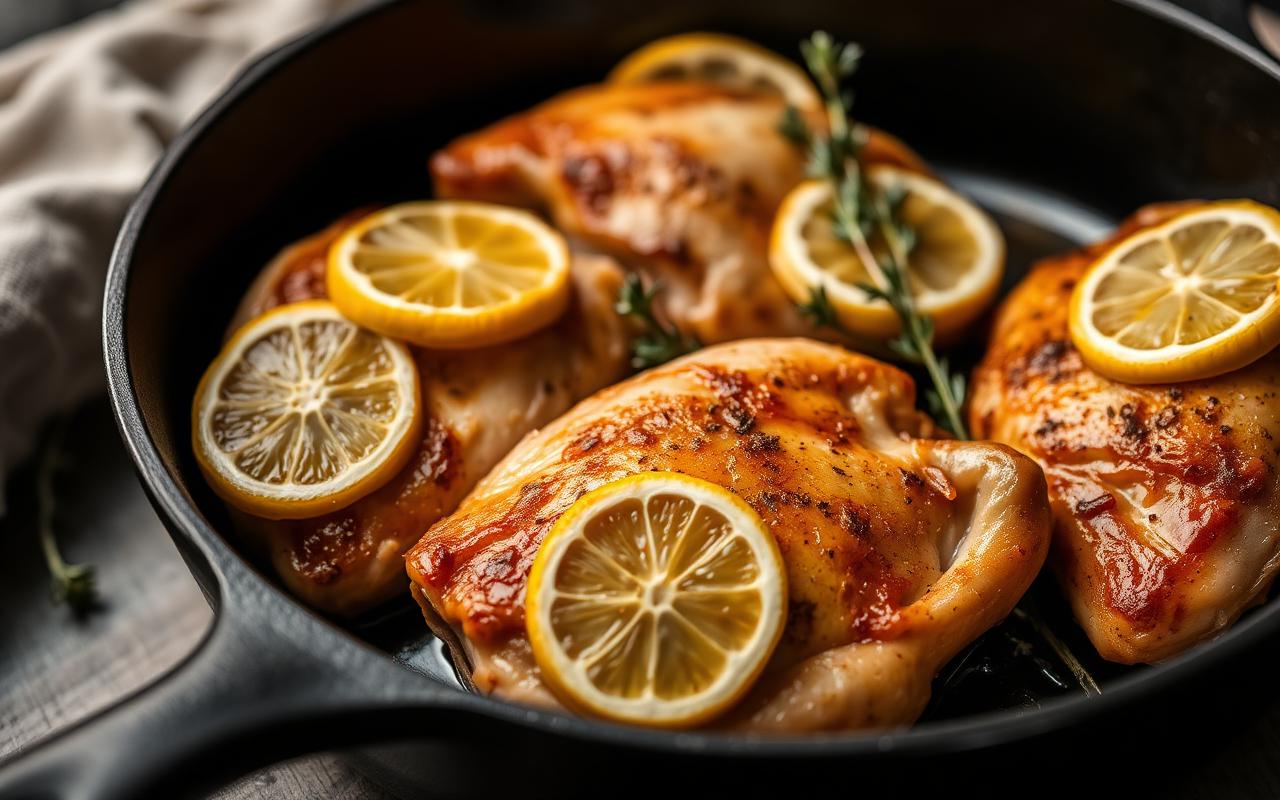 Golden roasted chicken thighs with lemon slices and fresh thyme in a cast iron pan