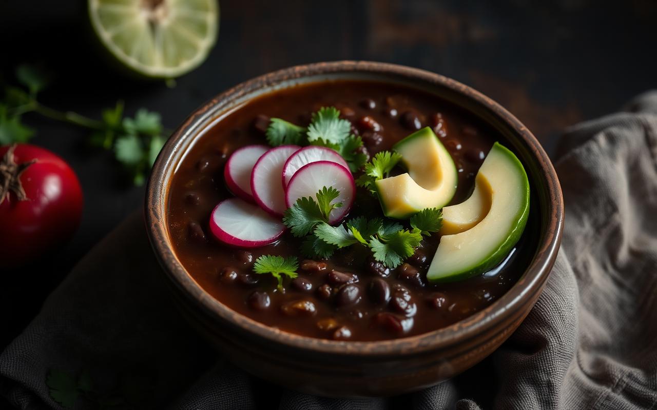 Bowl of dark black bean soup topped with cilantro, lime wedge and diced avocado