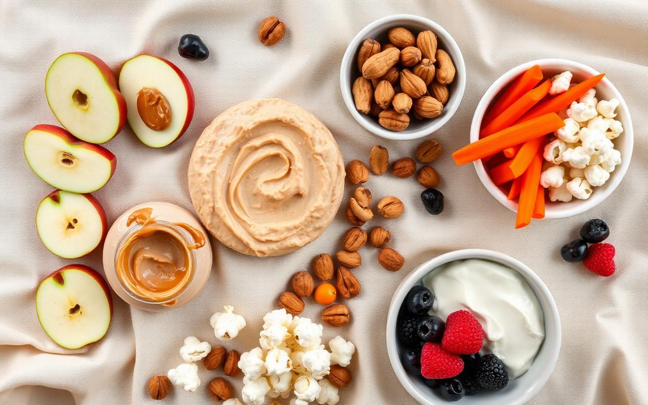 A wooden board with an assortment of low-sodium snacks including vegetables, nuts, and fruit