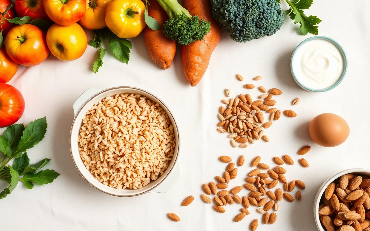 A grocery cart filled with fresh produce, whole grains, and unsalted pantry staples