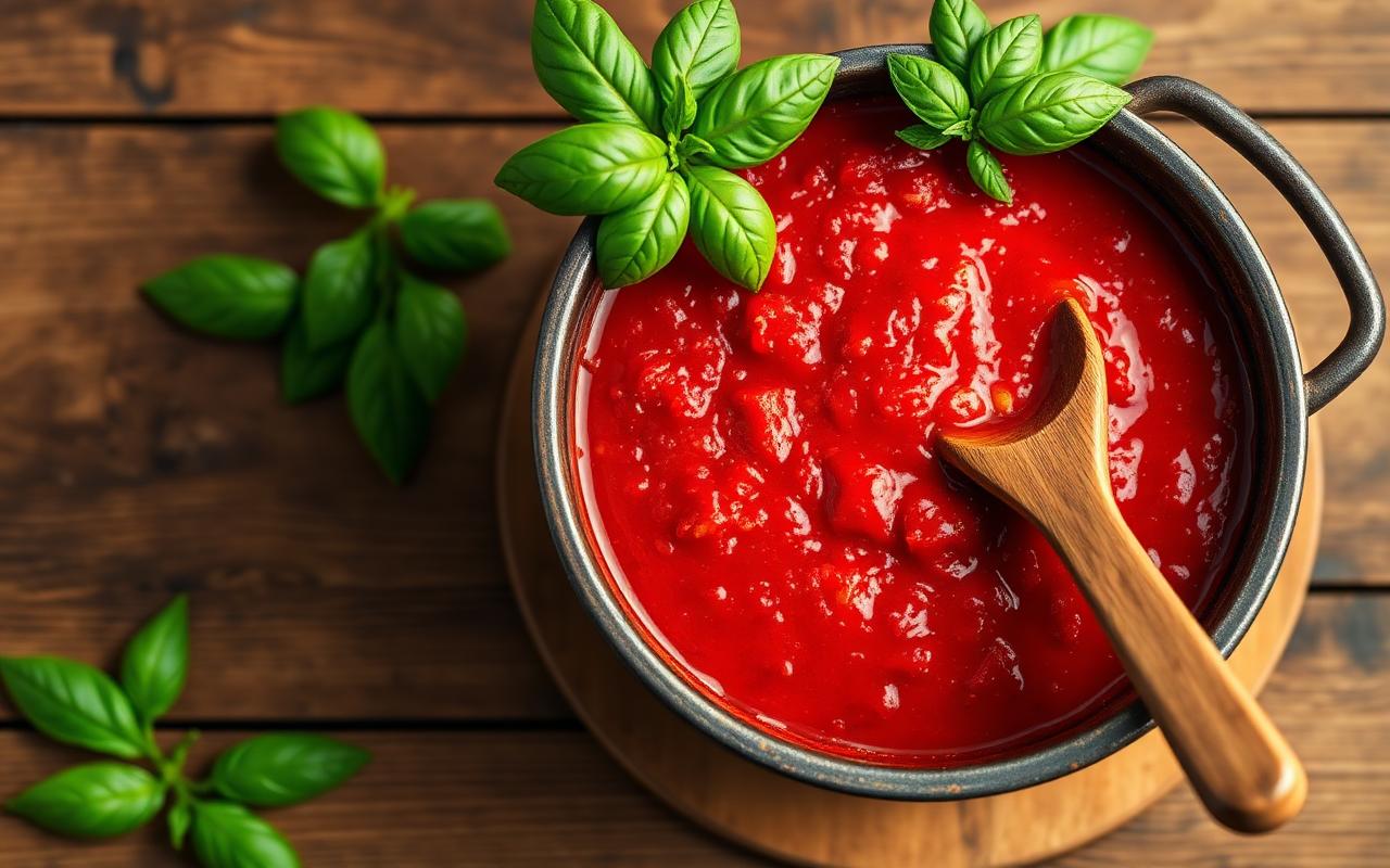 A pot of deep red marinara sauce with fresh basil leaves on a wooden table