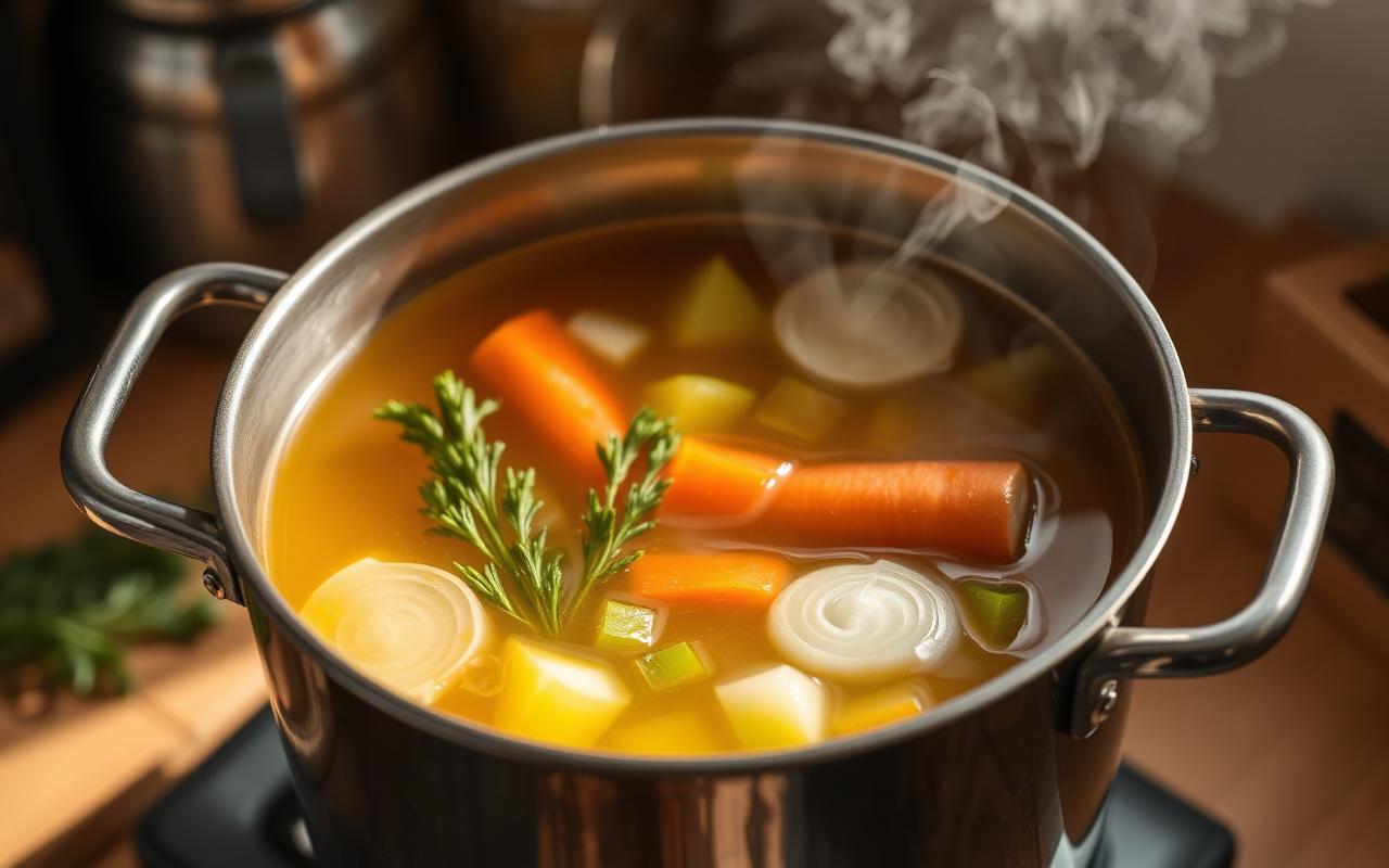 Golden homemade vegetable stock in a stockpot with onions, carrots and herbs