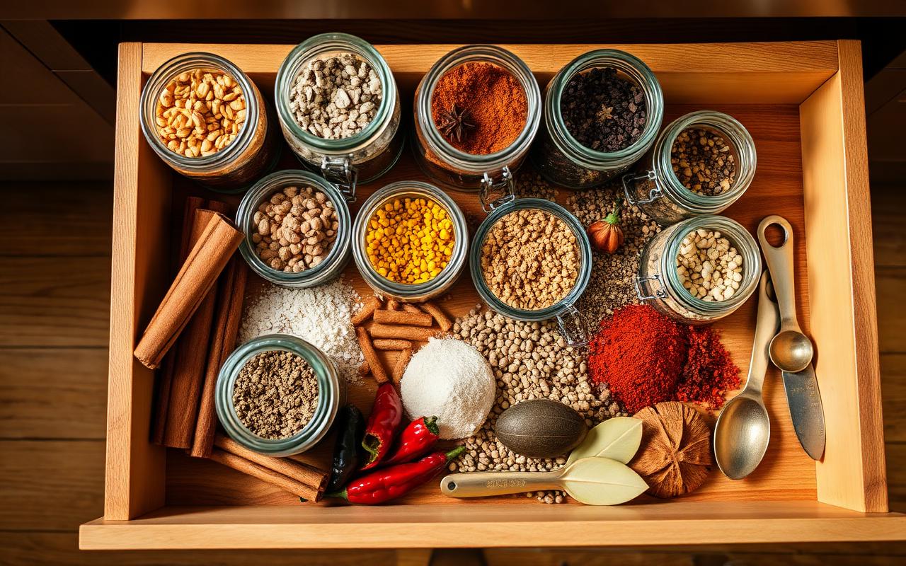 Rows of labeled spice jars filled with colorful ground spices and dried herbs