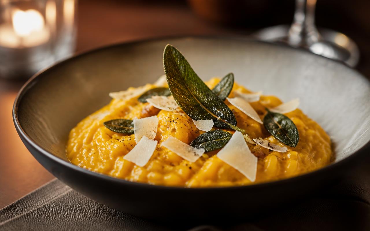 A creamy golden bowl of butternut squash risotto topped with crispy fried sage leaves and Parmesan shavings