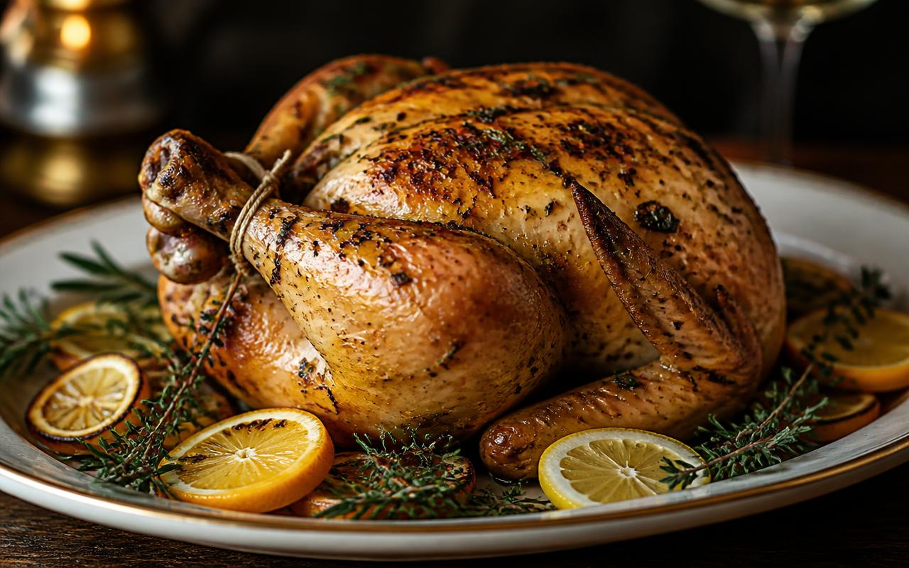 A golden-brown whole roasted chicken studded with citrus slices, rosemary, and thyme on a rustic platter