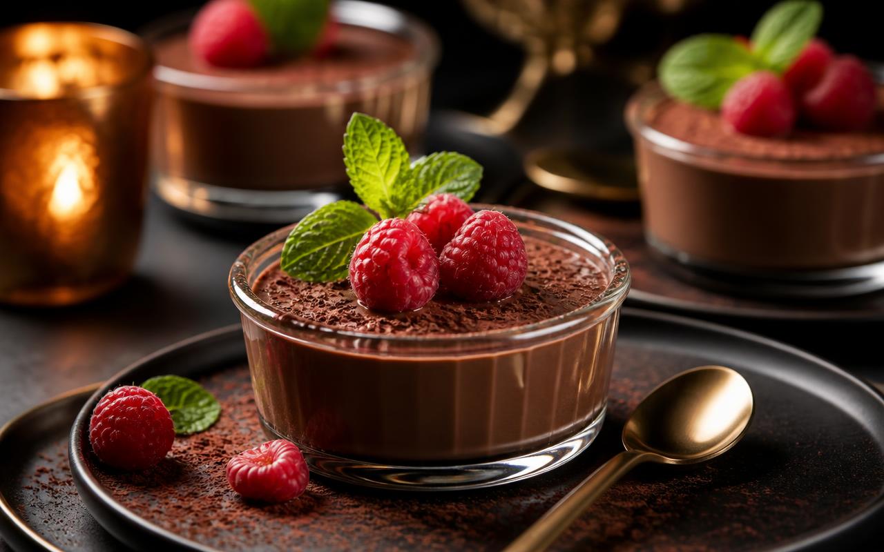 Small glass jars of glossy dark chocolate custard layered with vivid raspberry coulis and fresh berries on top