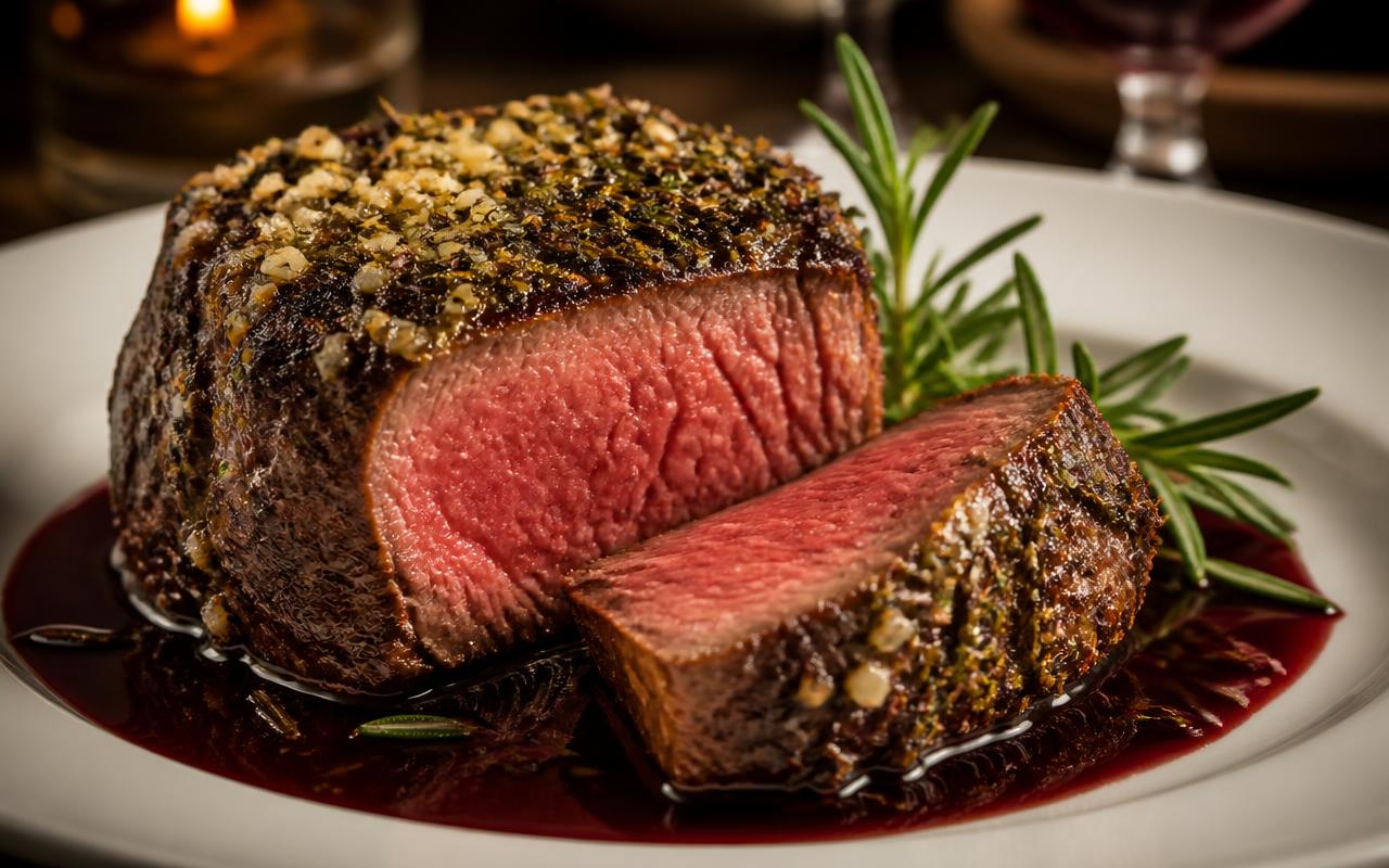 A perfectly seared filet mignon topped with roasted garlic cloves and rosemary sprigs, drizzled with a deep red wine reduction