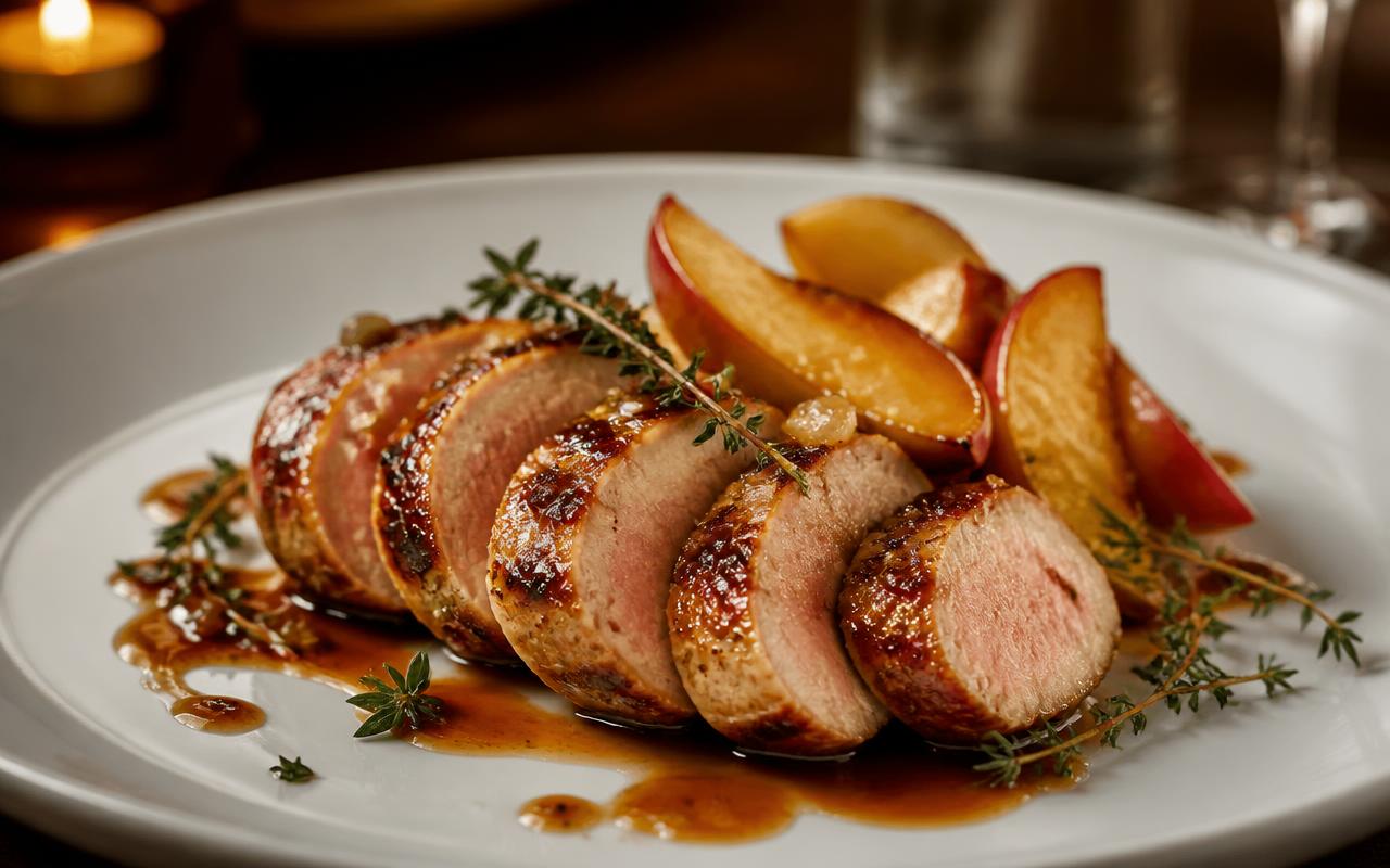 Sliced grilled pork tenderloin fanned on a plate and topped with glossy amber apple reduction sauce