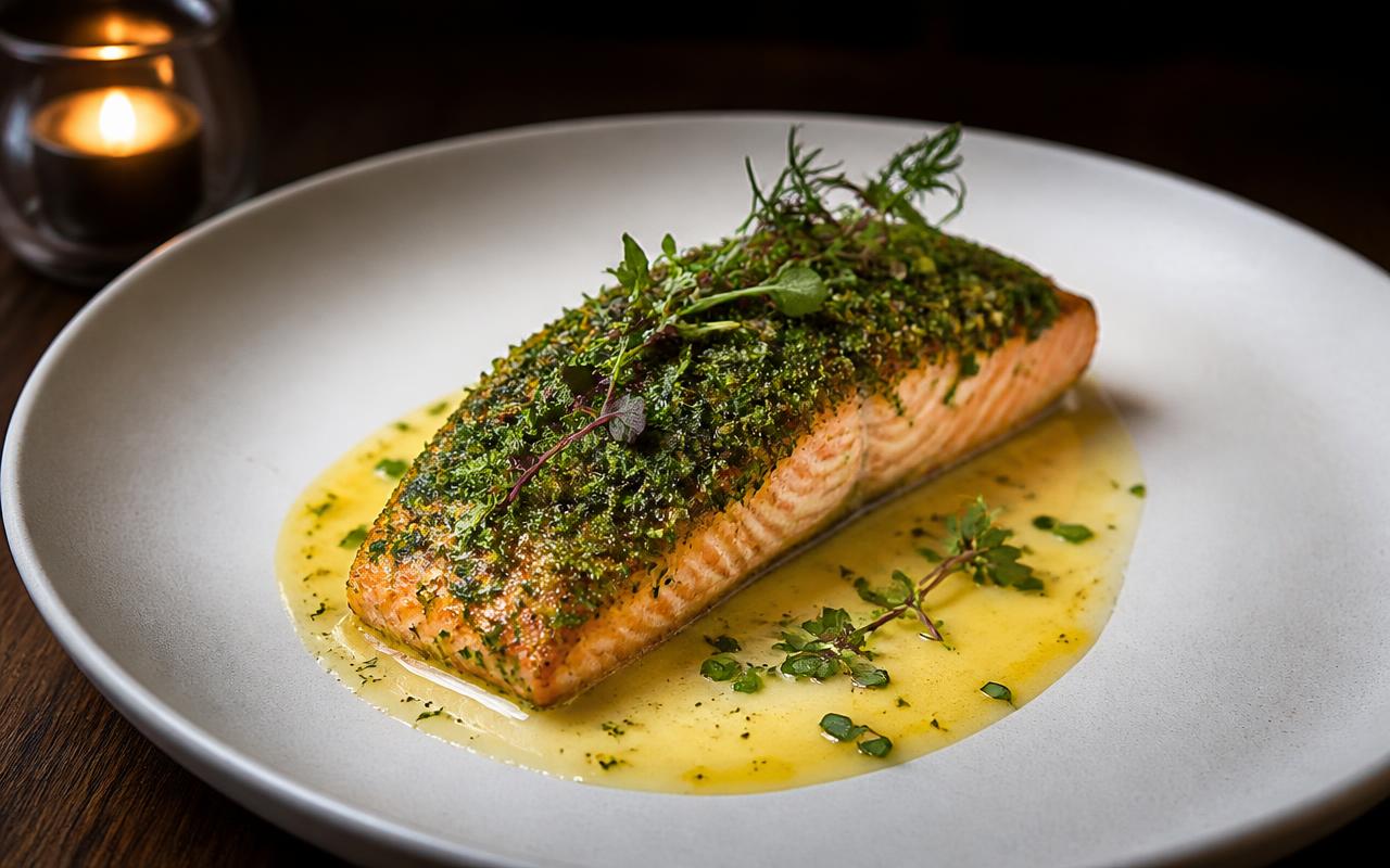 Golden herb-crusted salmon fillet resting in a pool of pale yellow lemon beurre blanc, garnished with dill and lemon zest