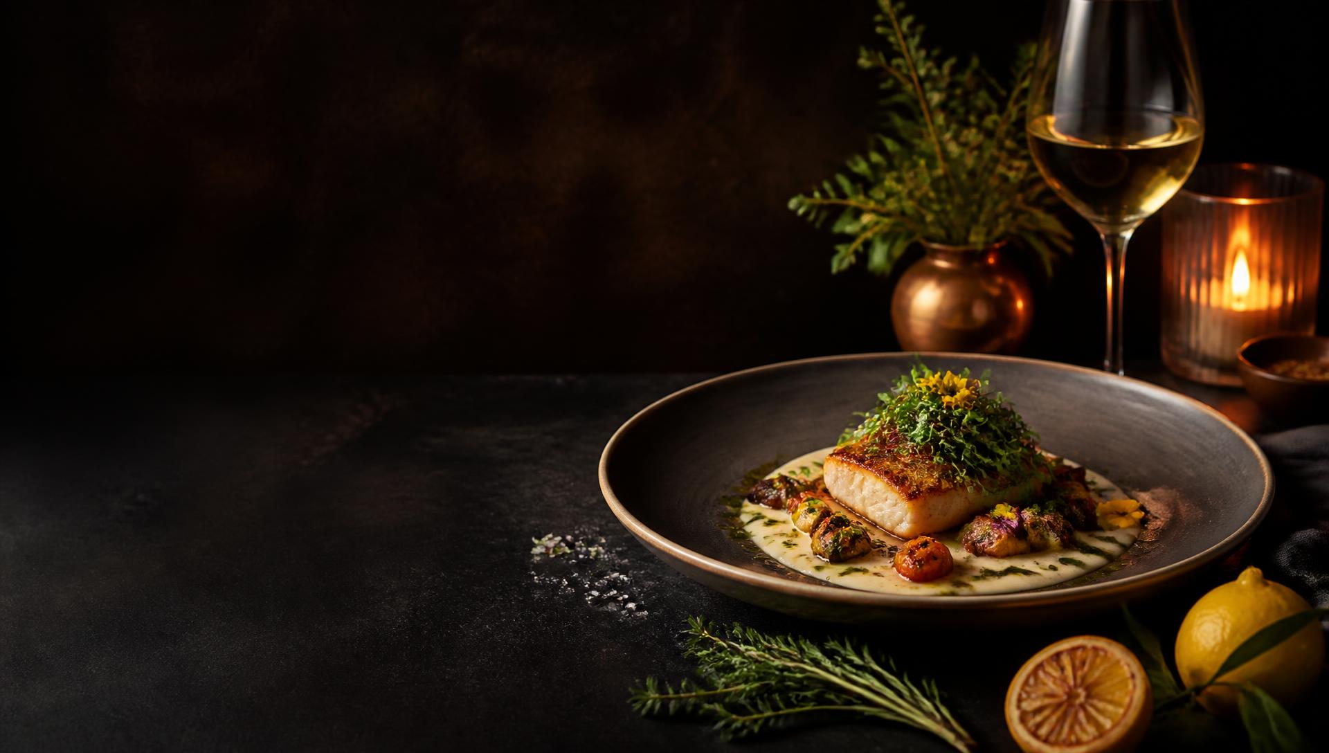 An elegantly plated restaurant dish with fresh herbs, citrus and candlelight