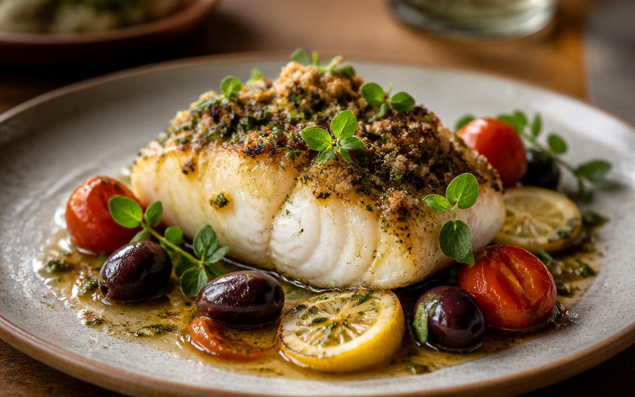 A fillet of cod topped with a golden herb and breadcrumb crust, plated with roasted cherry tomatoes, kalamata olives, and a lemon wedge
