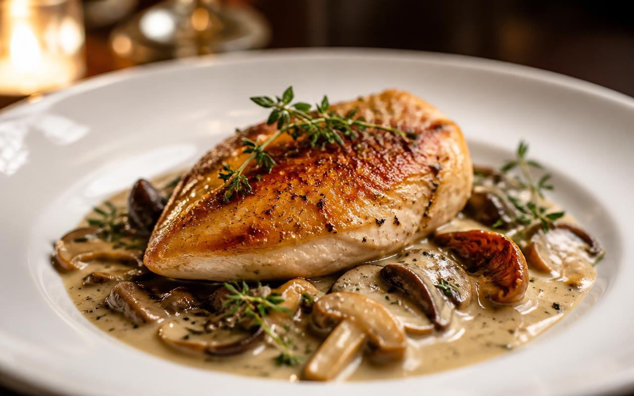 Sliced pan-seared chicken breast covered in a creamy mushroom sauce flecked with fresh thyme leaves in a cast iron skillet