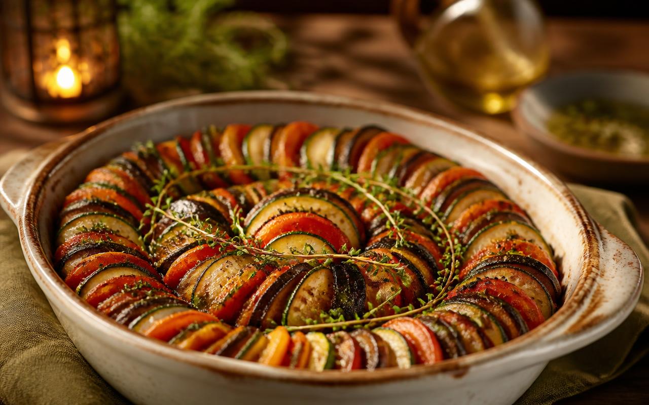 A rustic ceramic dish filled with roasted eggplant, zucchini, bell peppers, and fennel in a rich herbed tomato sauce, garnished with fresh basil