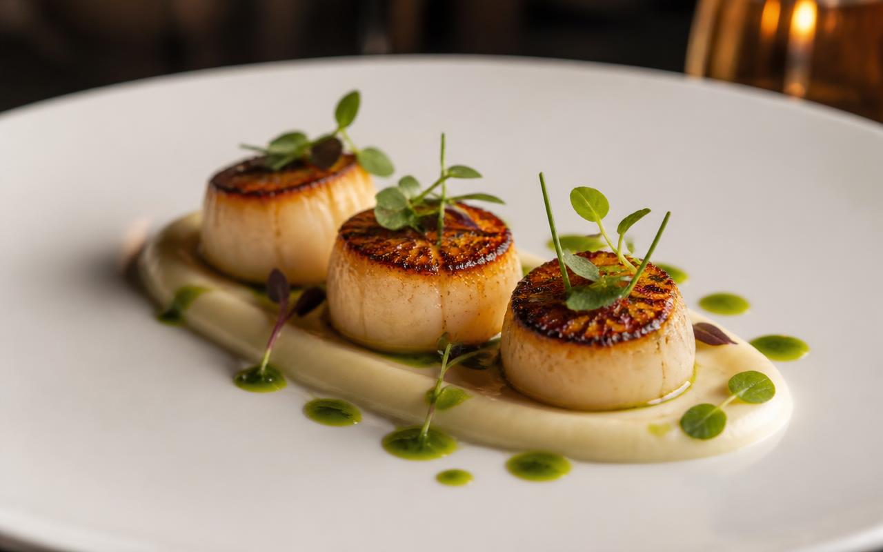 Three golden-seared scallops arranged over a swirl of white cauliflower purée, garnished with chives and a drizzle of olive oil on a dark plate