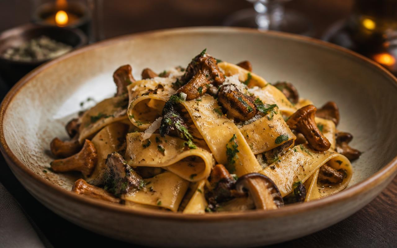 A twirled nest of pappardelle pasta coated in a creamy mushroom sauce, topped with sautéed wild mushrooms, fresh thyme, and shaved Parmesan
