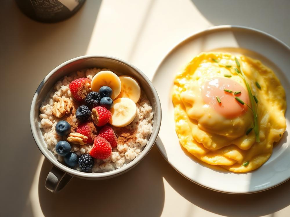 Oatmeal with berries and walnuts beside soft scrambled eggs with chives